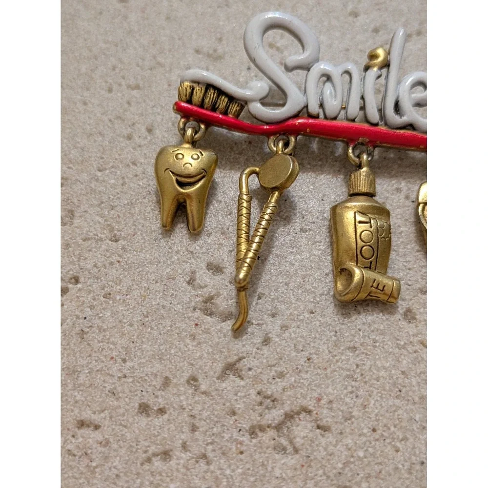 Vintage Brooch In Gold Tone Dental Hygentist Theme Toothbrush Smile Dentist